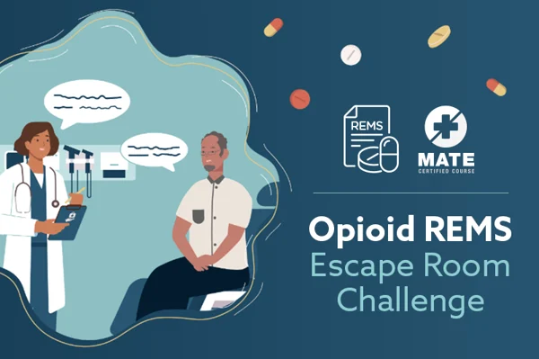 Stylized image of doctor talking to patient 'Opioid REMD Escape Room Challenge'