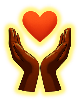Glowing hands holding a glowing heart
