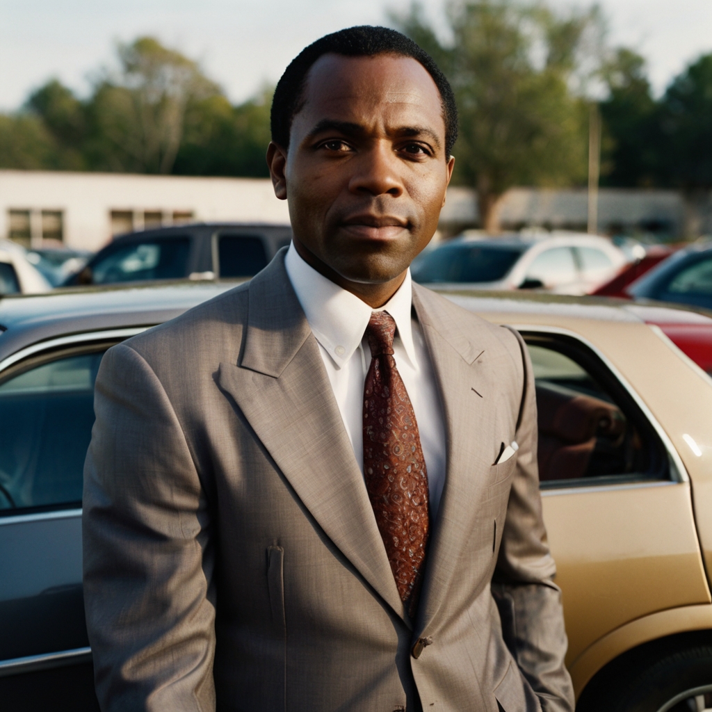 Man in suit in front of cars