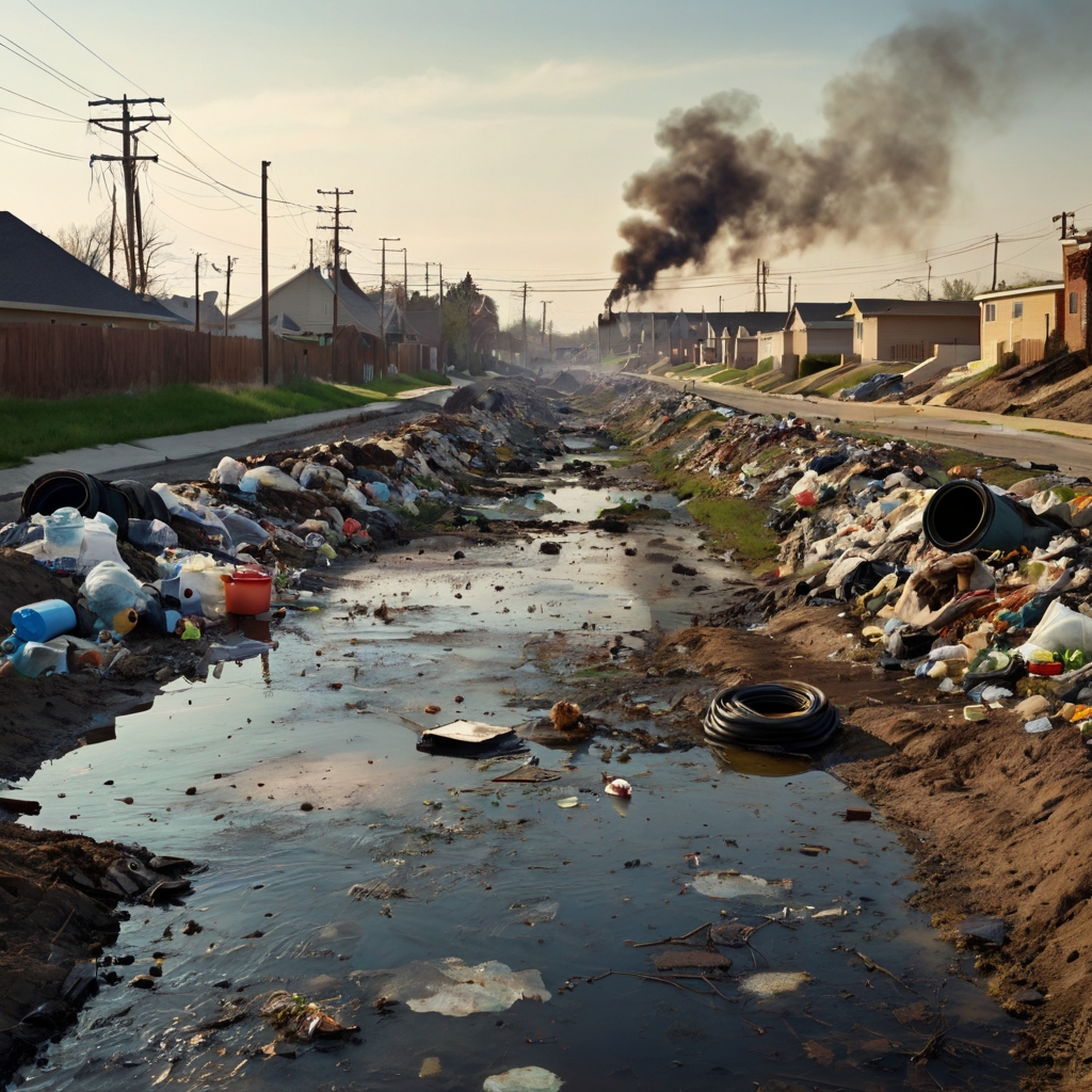 Neighbourhood with trash and toxic smoke