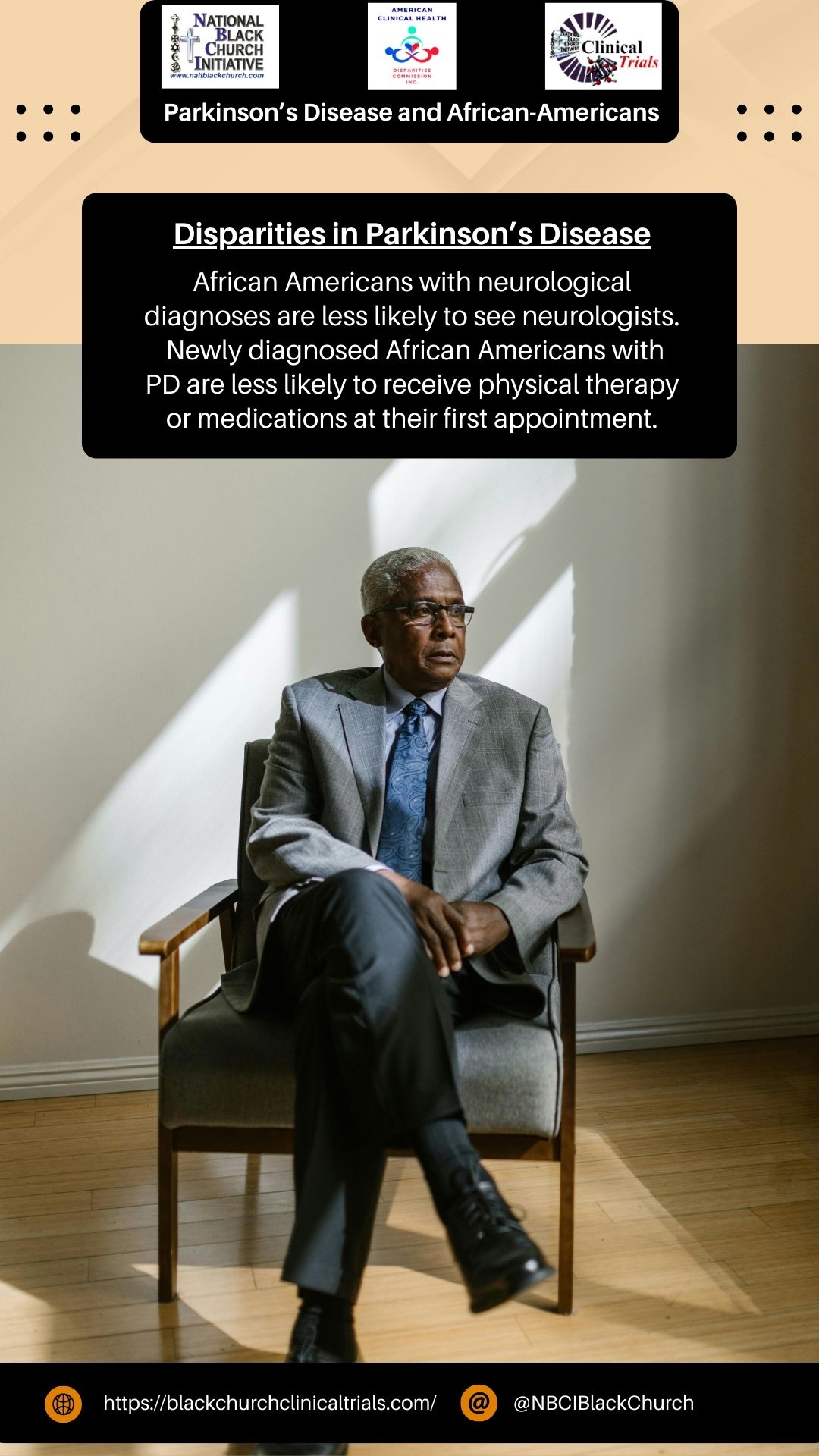 Disparities in Parkinson's Disease - African Americans with neurological diagnoses are less likely to see neurologists. Newly diagnosed African Americans with PD are less likely to recieve physical therapy or medications at their first appointment