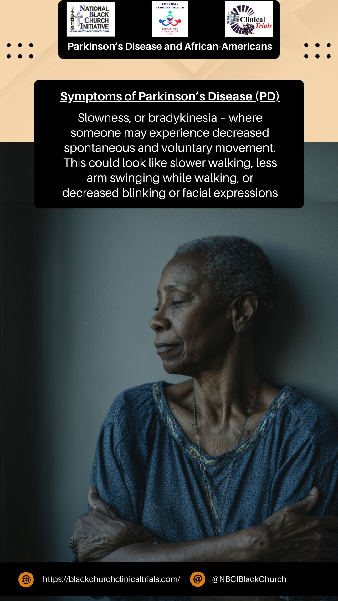 Symptoms of Parkinson's disease (PD) - Slowness or bradykenesia - where someone may experience decreased spontaneous and voluntary movement. This could look like slower walking, less arm swinging while walking, or decreased blinking or facial expressions
