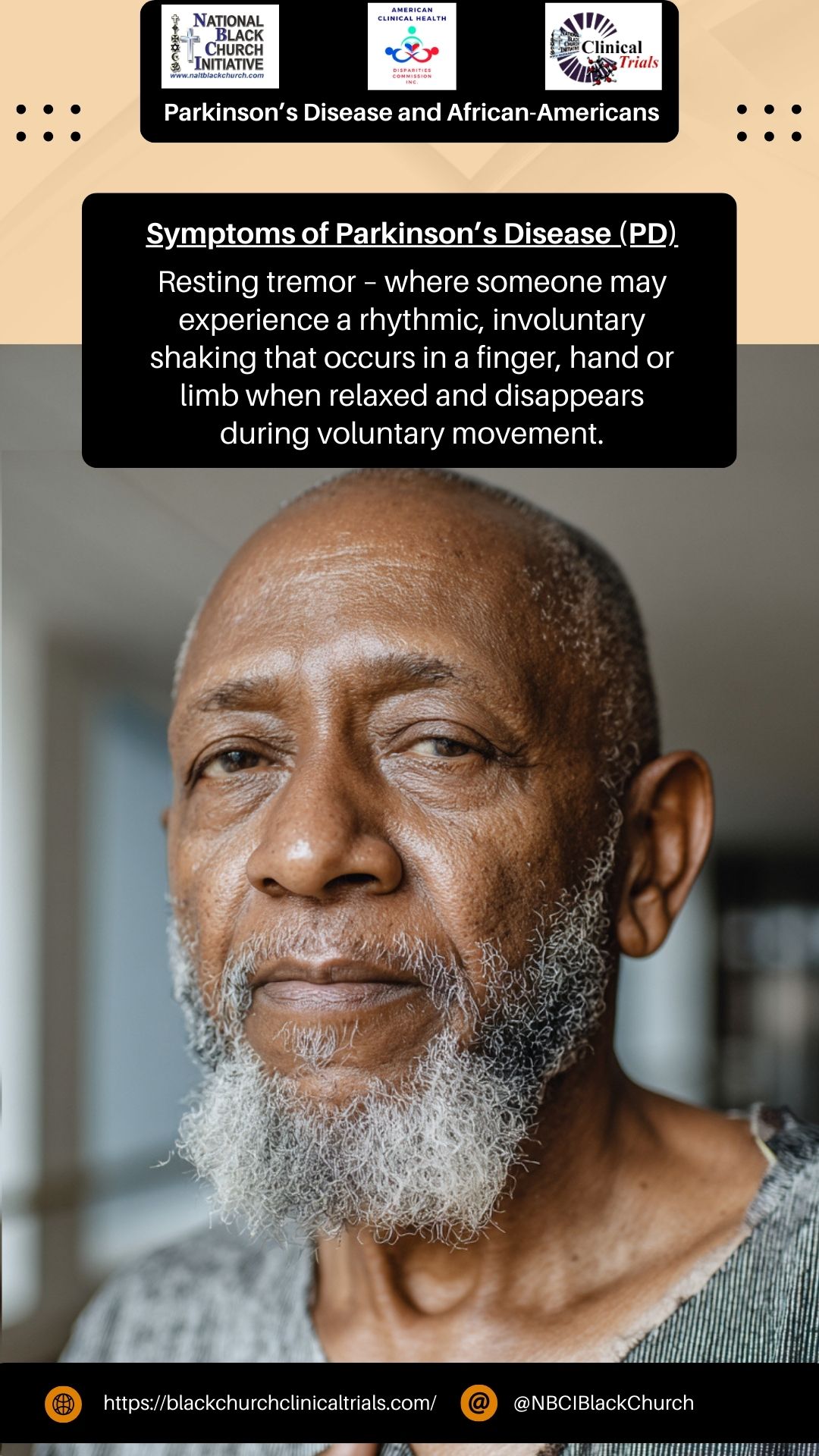 Symptoms of Parkinson's disease (PD) - Resting tremor - where someone may experience an rhythmic, involuntary shaking that occurs in a finger, hand or limb when relaxed and disappears during voluntary movement.