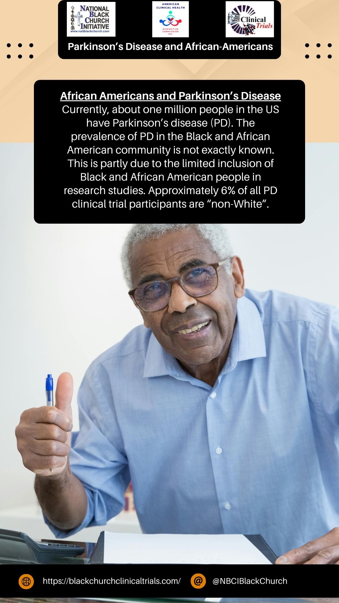 African Americans and Parkinson's Disease - Currently, about one million people in the U.S. have Parkinson's Disease (PD). The prevalence of PD in the Black and African American community is not exactly known. This is partly due to the limited inclusion of Black and African American people in research studies. Approximately 6% of all PD clinical trial participants are 'non-White'