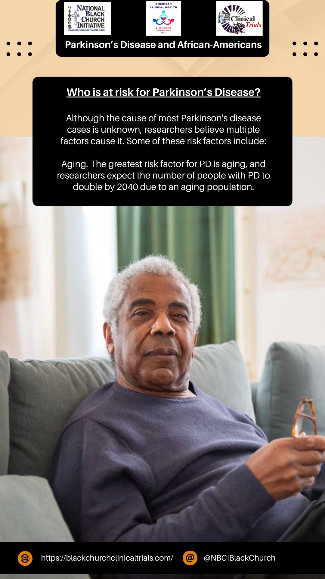 Who is at risk for Parkinson's Disease? -  Although the cause of most Parkinson's Disease cases are unknown, researchers believe multiple factors cause it. Some of these factors include: Aging. The greatest factor for PD is aging and researchers expect the number of people with PD to double by 2040 due to an aging population