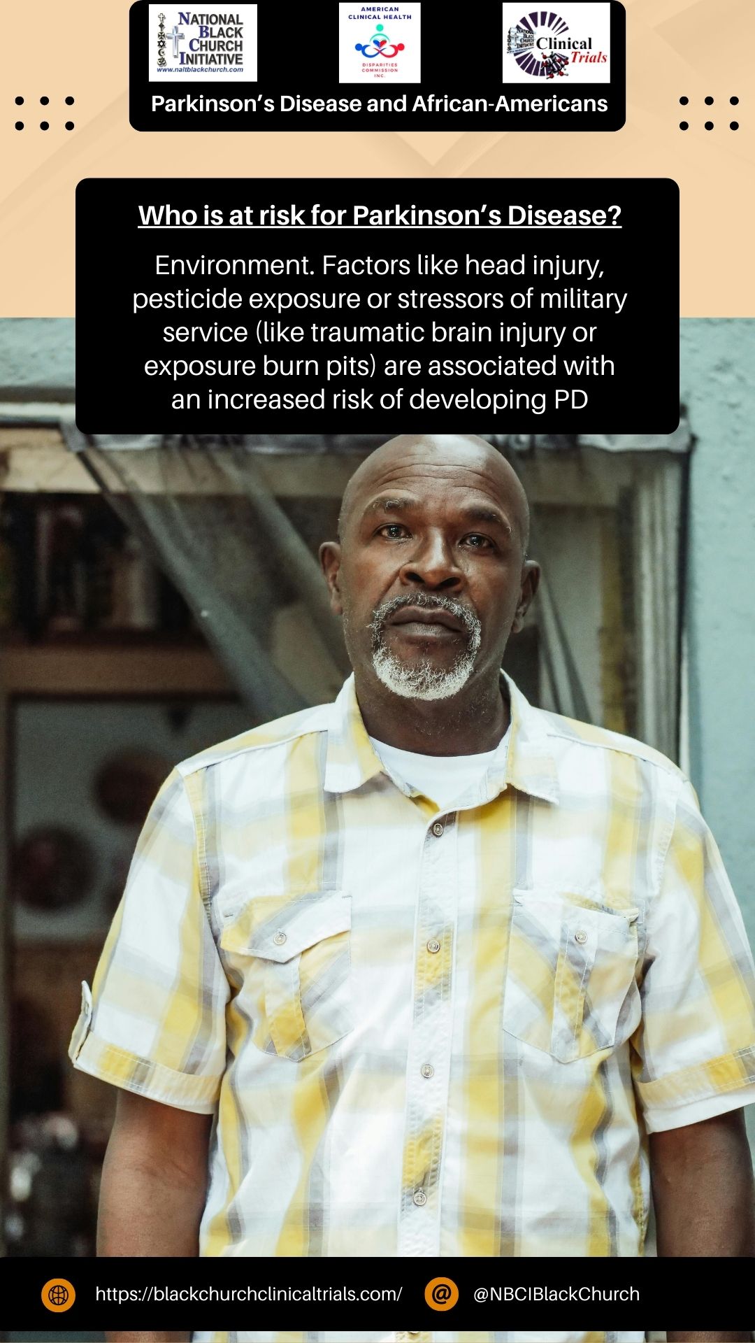 Who is at risk for Parkinson's Disease? - Environment. Factors like head injury, pesticide exposure or stressors of military service (Like traumatic brain injury or exposure to burn pits) are associated with an increased risk of developing PD