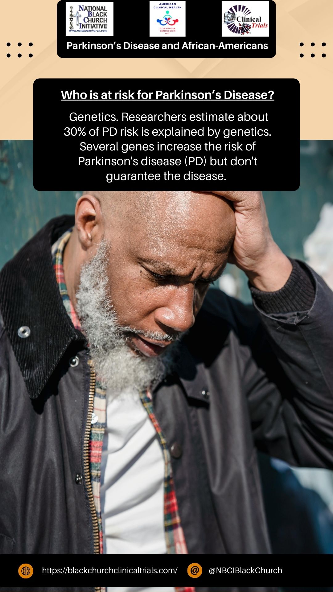 Who is at risk for Parkinson's Disease? - Genetics. Researchers estimate about 30% of PD risk is explained by genetics. Several genes increase the risk of Parkinson's Disease (PD) but don't guarantee the disease