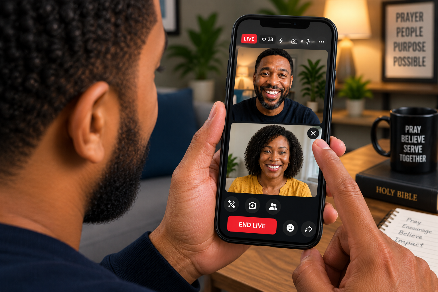 Tap the big blue Go Live button at the bottom. You are now on camera!