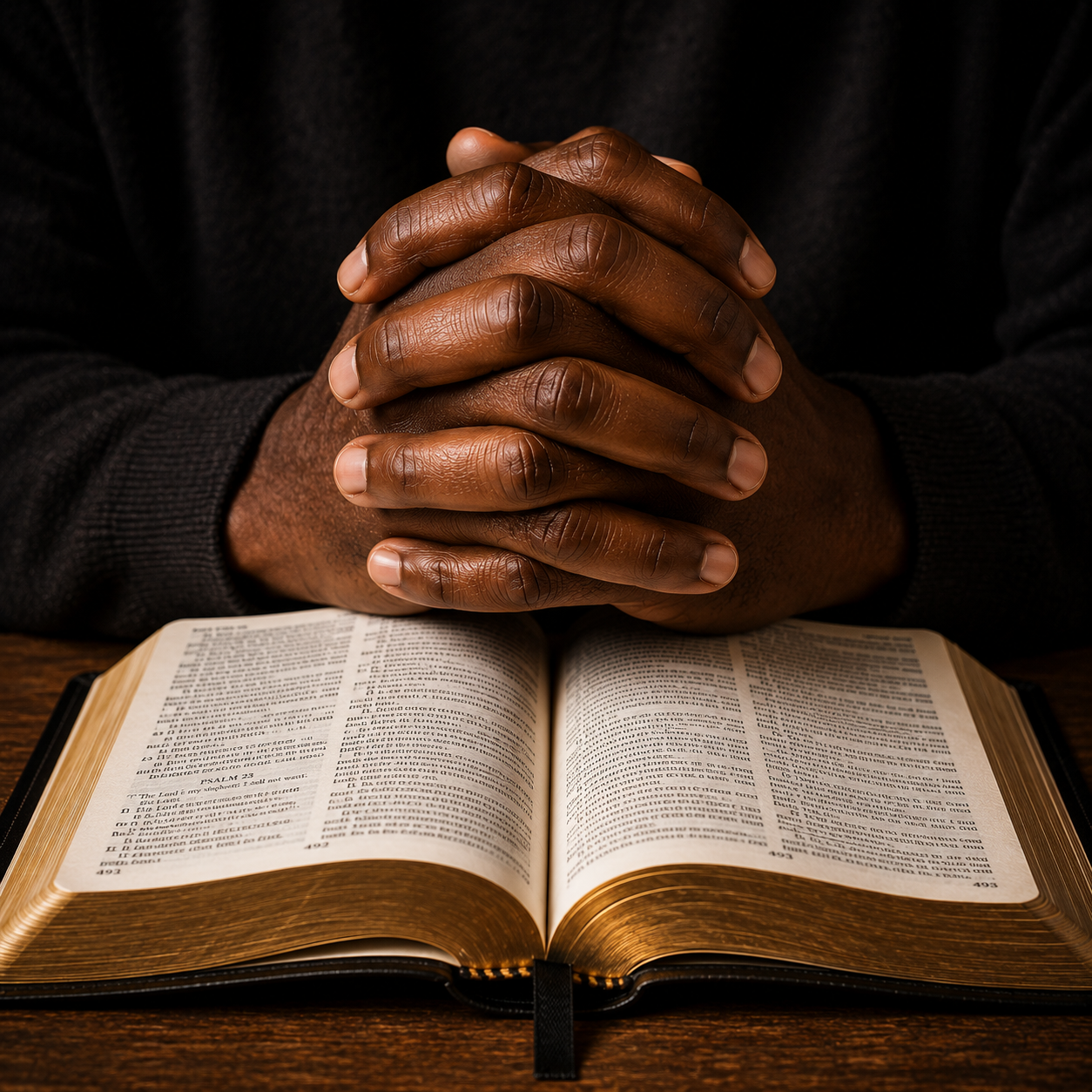 Praying hands over the Bible