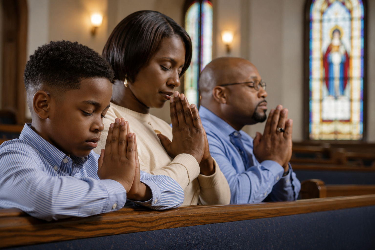 Boy in church with mother and father