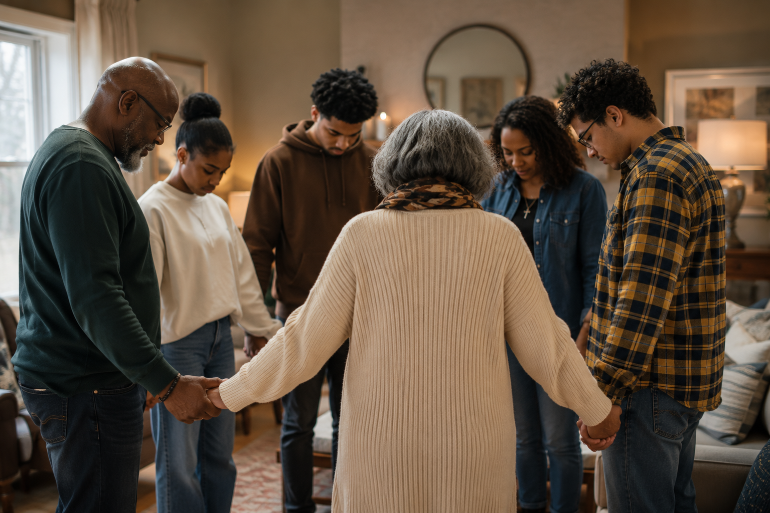 Family gathered in a circle to pray 