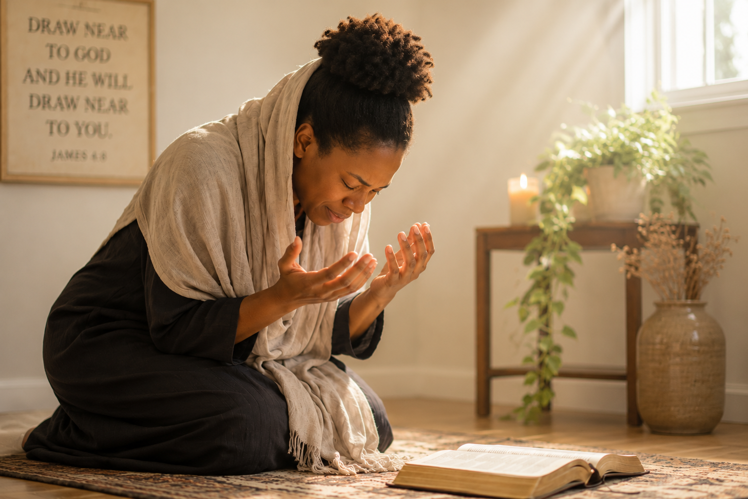 Woman on ground vigorously in prayer