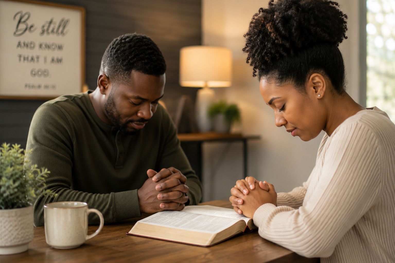 Man and woman in room praying together over the Bible