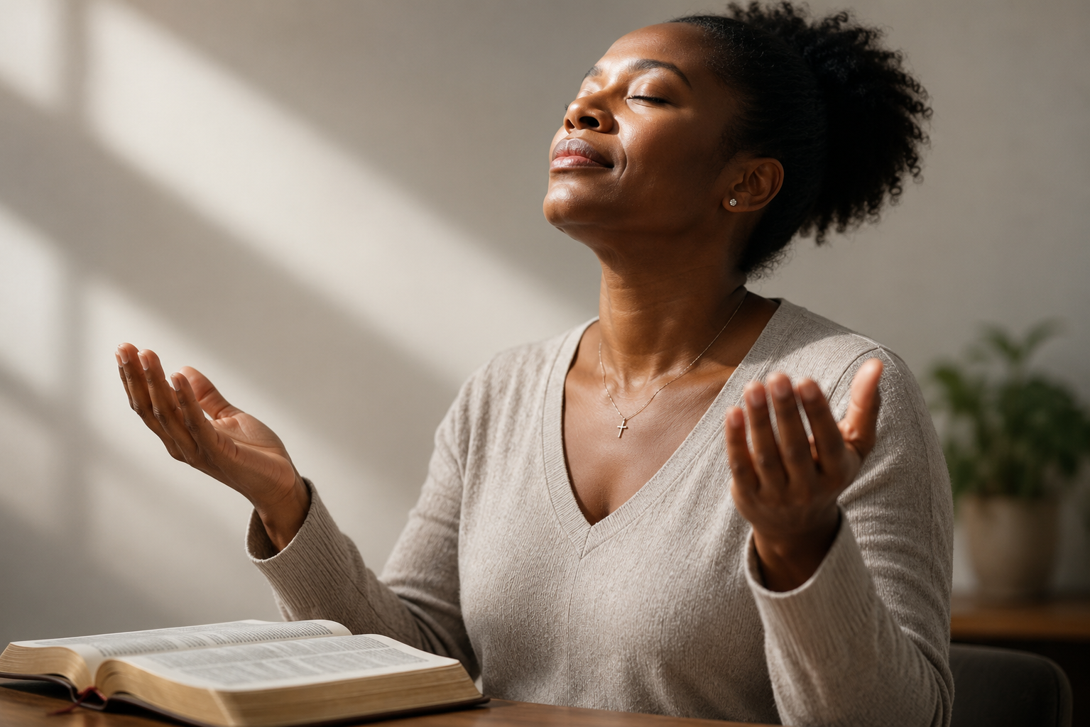 Woman with hands raised in prayer